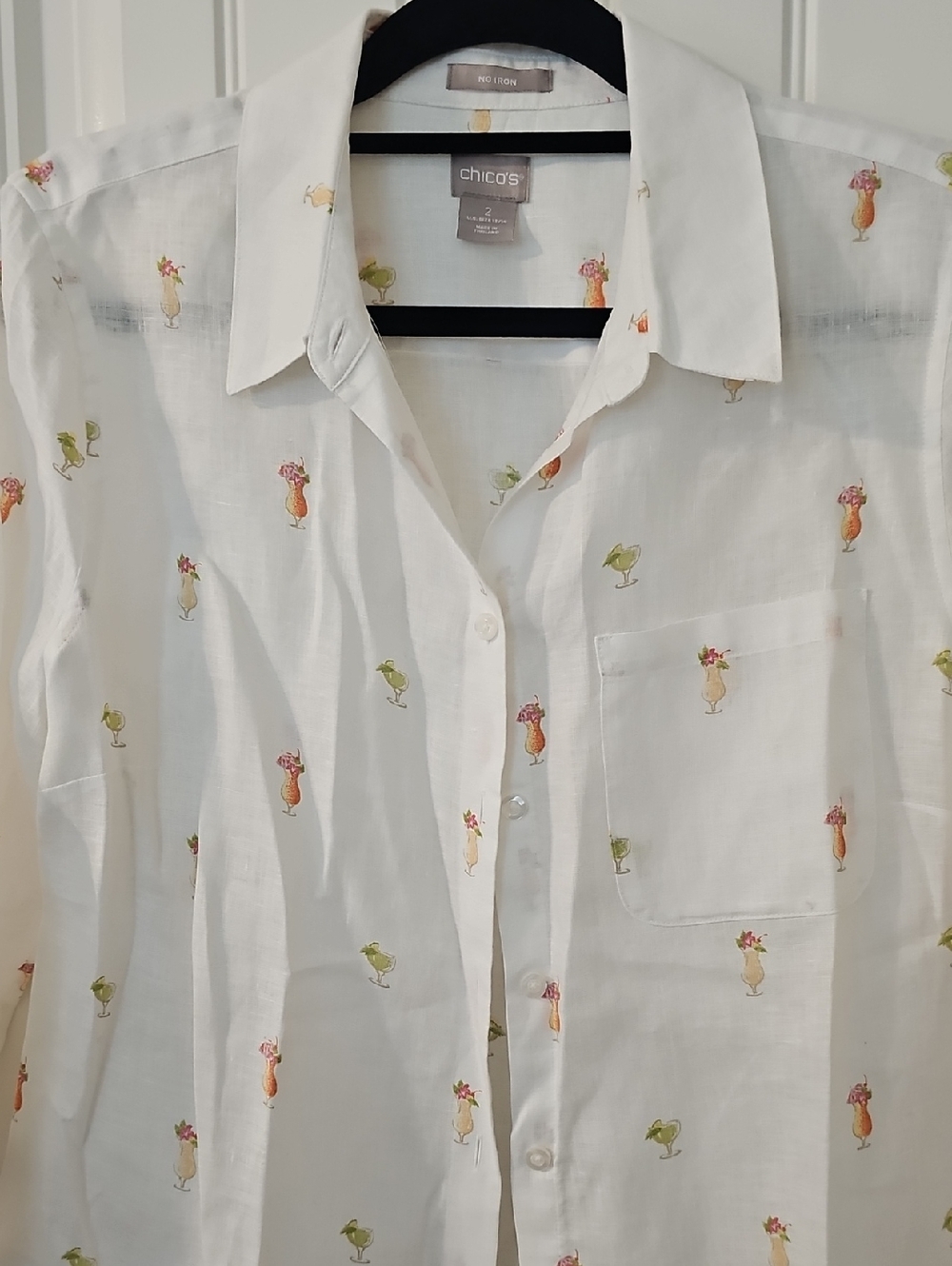 Chico's White Linen Sheer Button-Up Shirt with Tiny Cocktail Drinks Icons - Picture 2 of 4